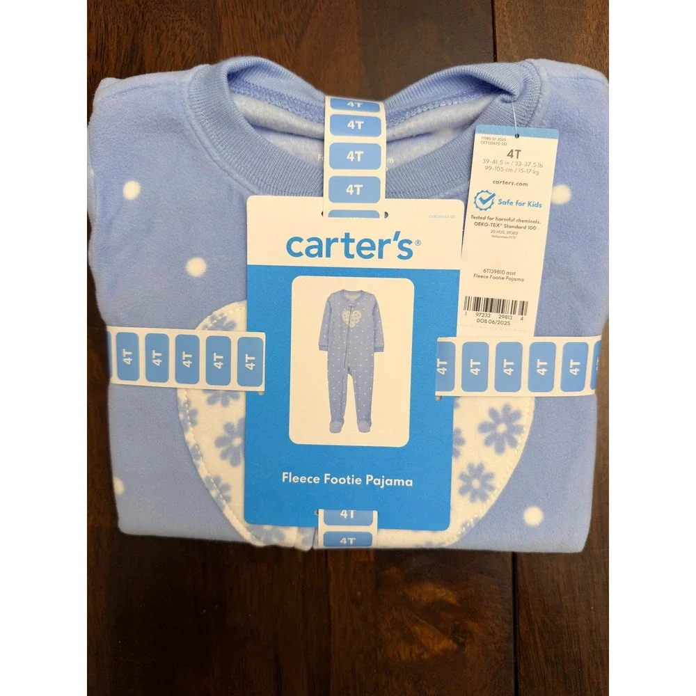 Carter's Fleece Footie Pajama Toddler Girl 4T Blue Polka Dot Heart NWT